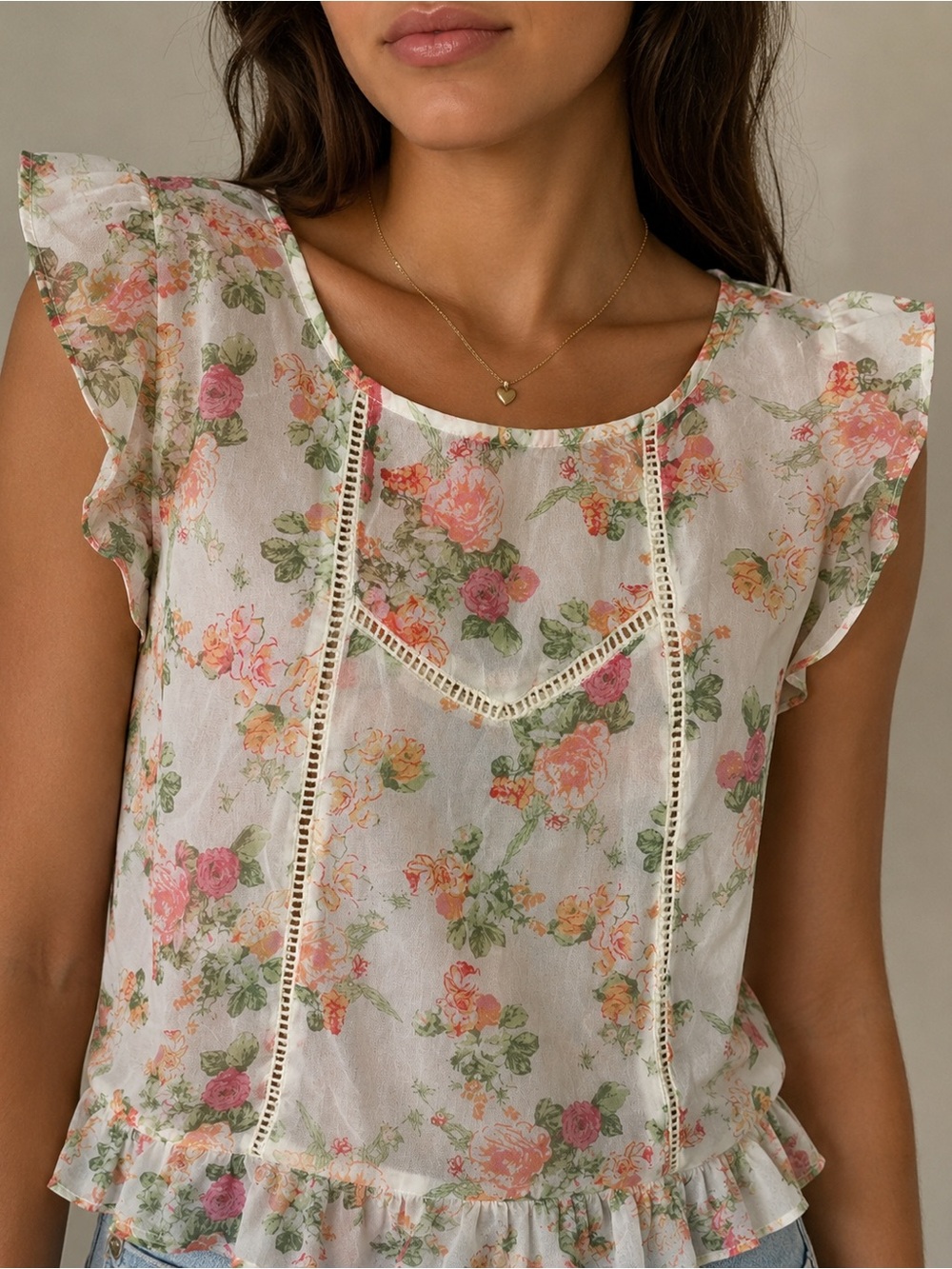 Forever 21 White Floral Ruffle Camisole with Pink & Peach Roses